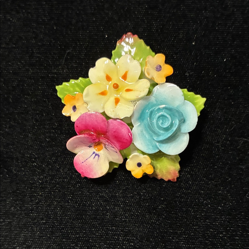 Vintage Multicolor Floral Enamel Brooch - Pink, Blue & Yellow Flower Pin